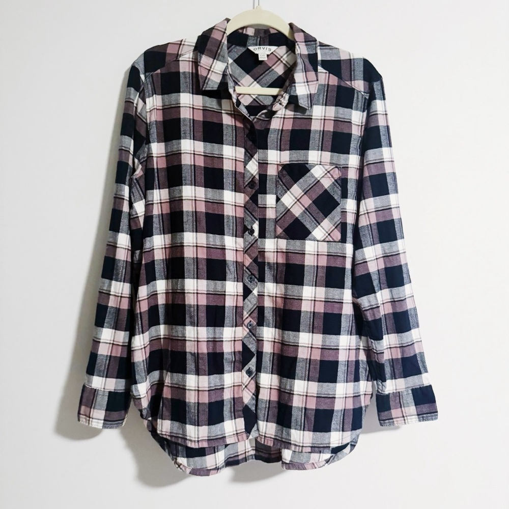 Orvis - Plaid Navy White and Pink Button Down Long Sleeve Shirt